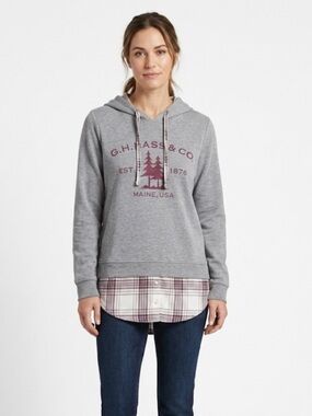 G.H. Bass & Co. Layered Look Hoodie | Plaid Hem Casual Pullover Top